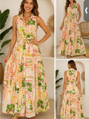 Gato Women’s Tropical Print Maxi Dress Sleeveless Button Front Belted  #66